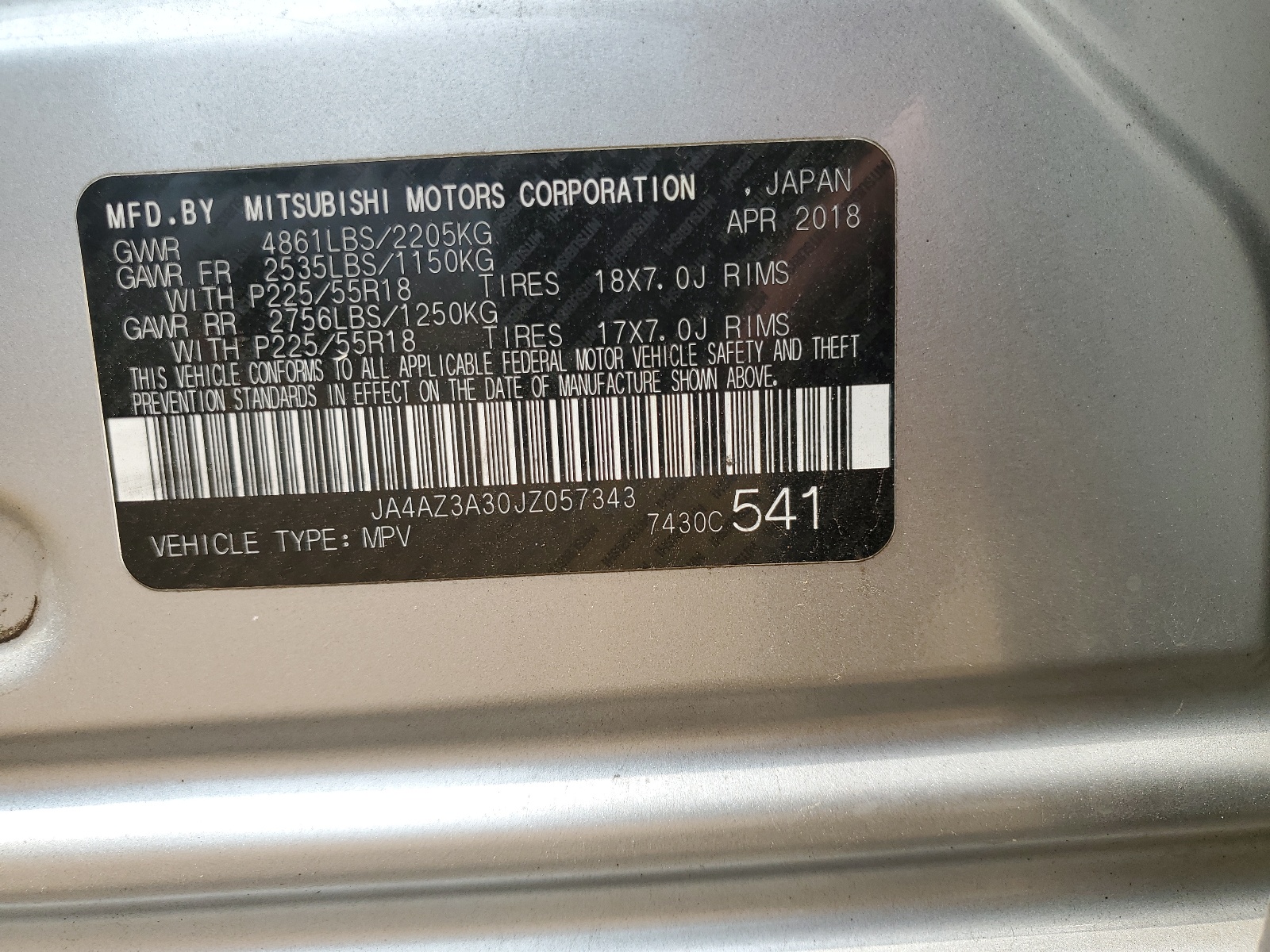 JA4AZ3A30JZ057343 2018 Mitsubishi Outlander Se