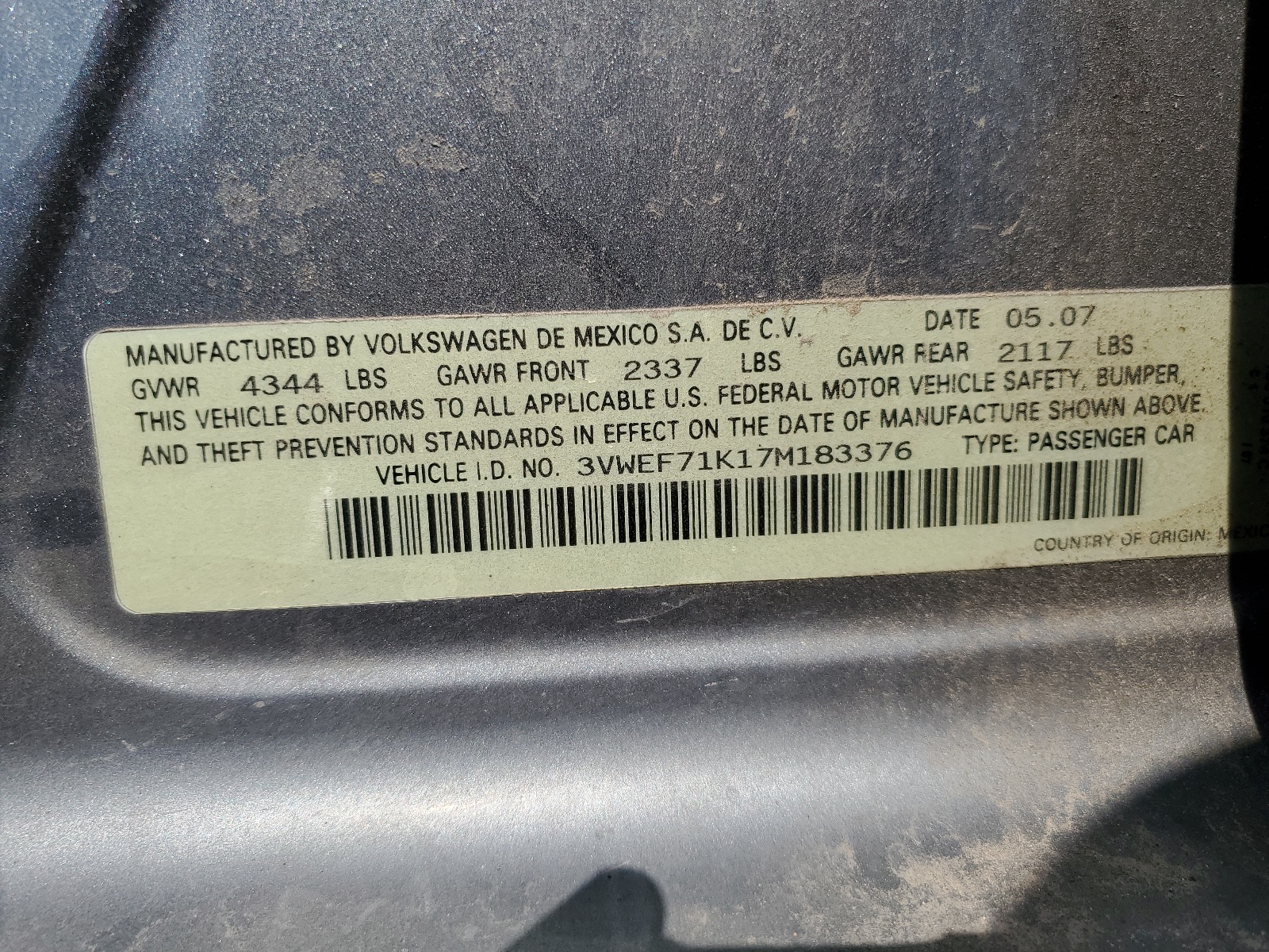 3VWEF71K17M183376 2007 Volkswagen Jetta Wolfsburg