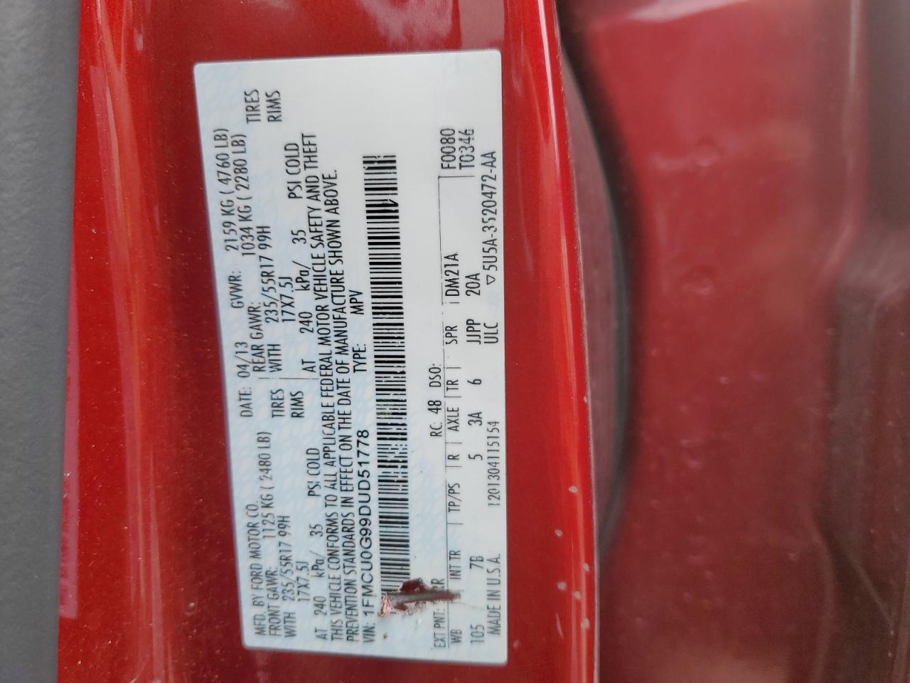 2013 Ford Escape Se VIN: 1FMCU0G99DUD51778 Lot: 55197654