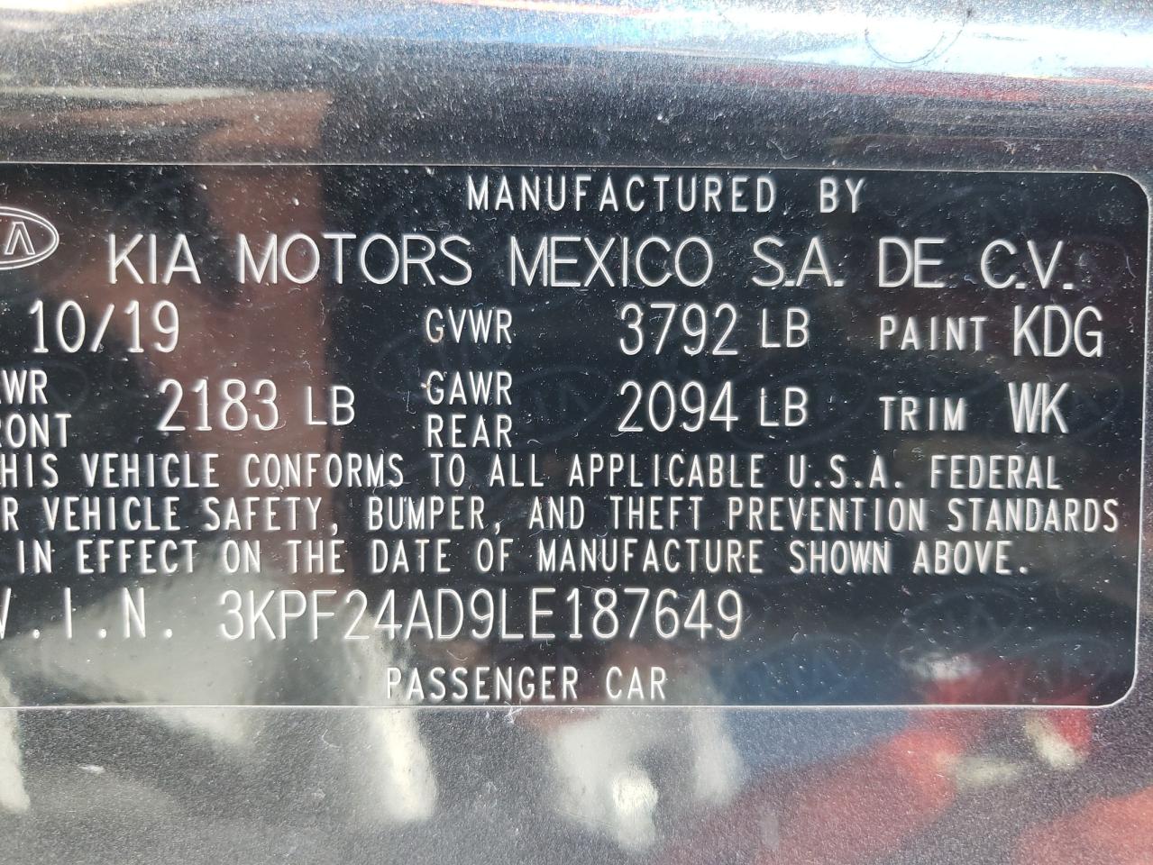 2020 Kia Forte Fe VIN: 3KPF24AD9LE187649 Lot: 52886244