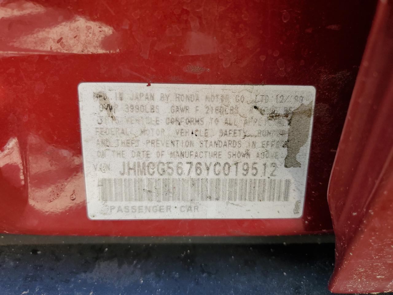 2000 Honda Accord Se VIN: JHMCG5676YC019512 Lot: 55102384