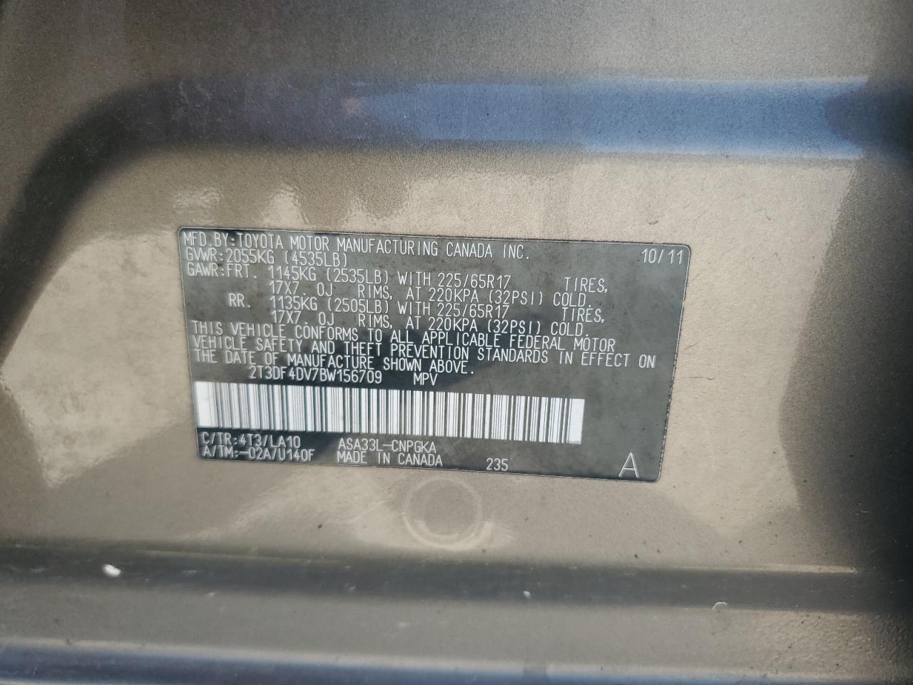 2011 Toyota Rav4 Limited VIN: 2T3DF4DV7BW156709 Lot: 56747304