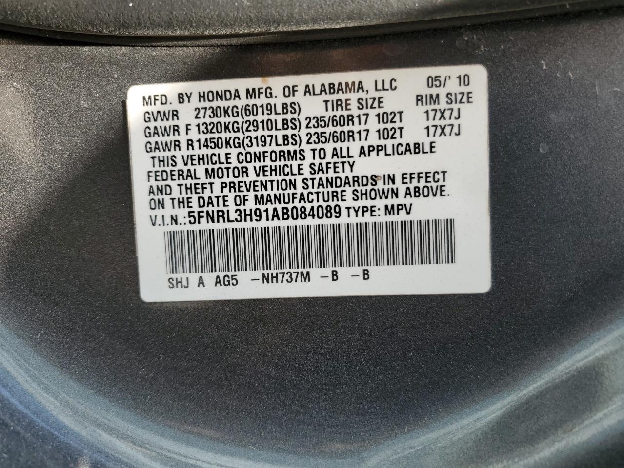 2010 Honda Odyssey Touring VIN: 5FNRL3H91AB084089 Lot: 56511884