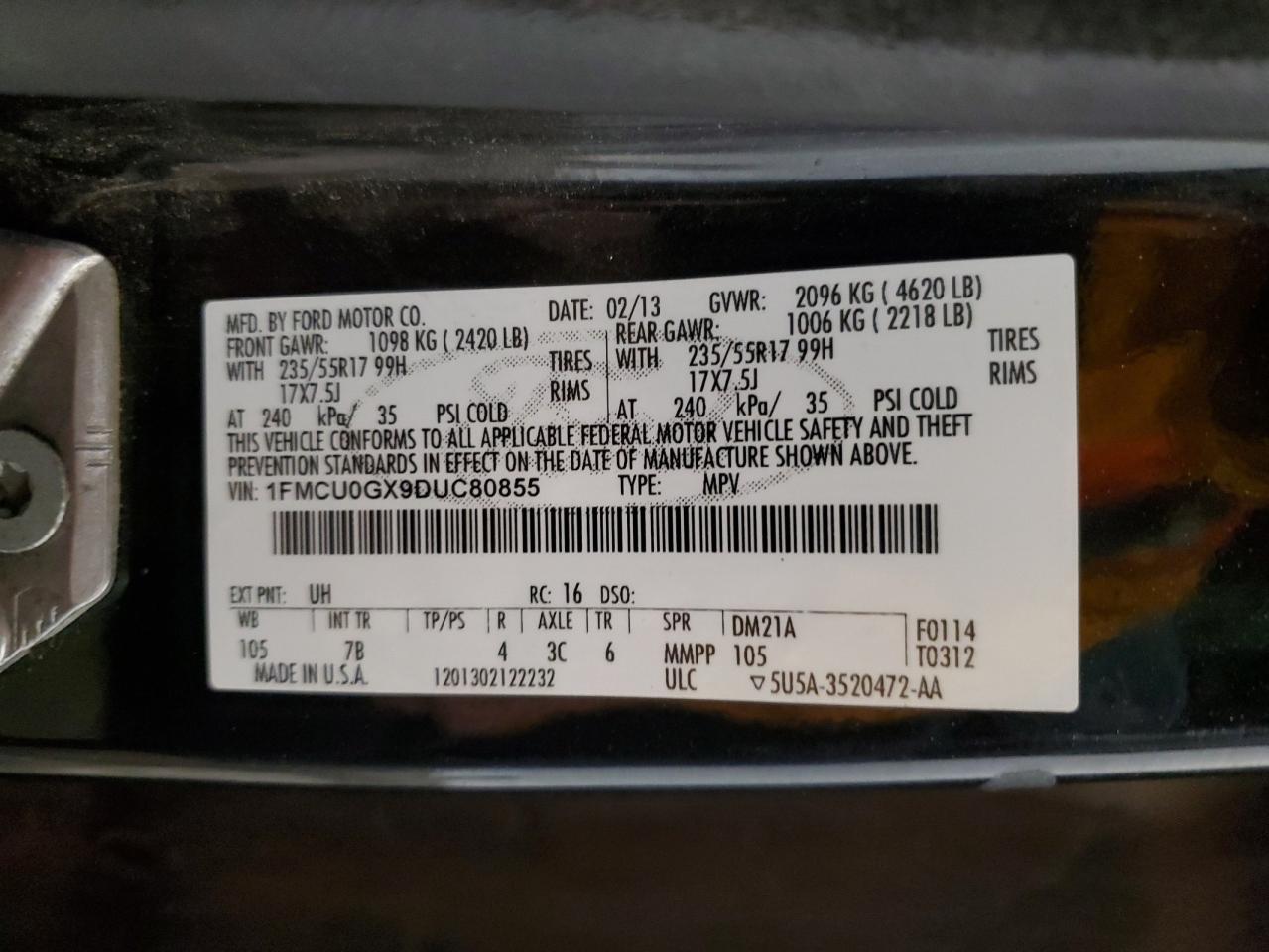 2013 Ford Escape Se VIN: 1FMCU0GX9DUC80855 Lot: 54260434