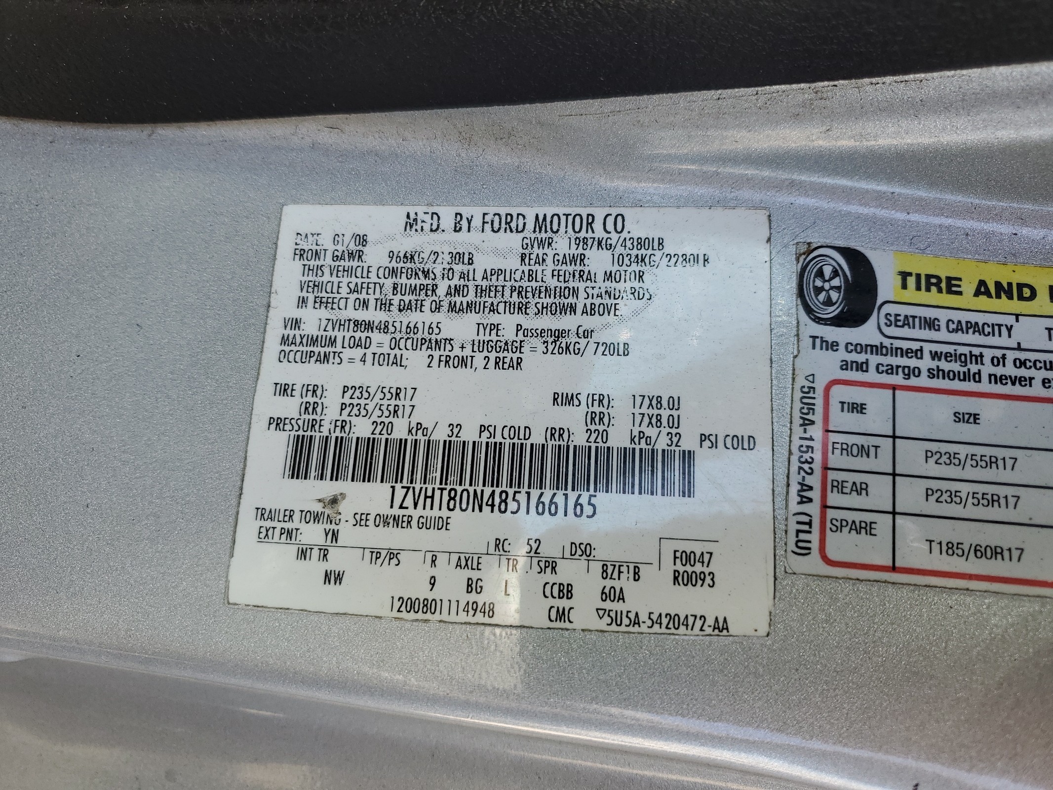 1ZVHT80N485166165 2008 Ford Mustang