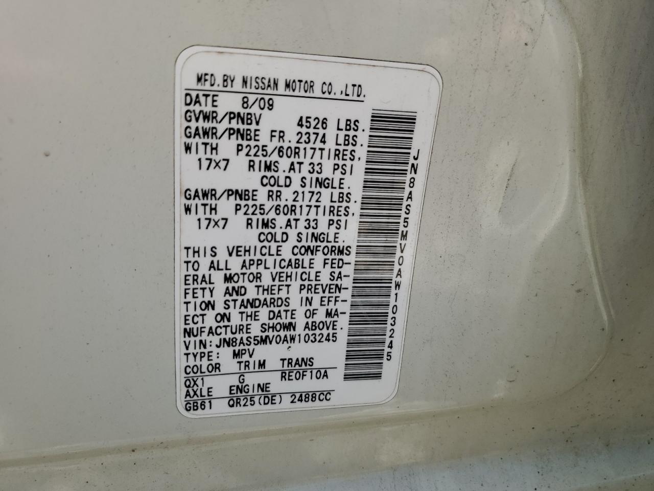 2010 Nissan Rogue S VIN: JN8AS5MV0AW103245 Lot: 55531514