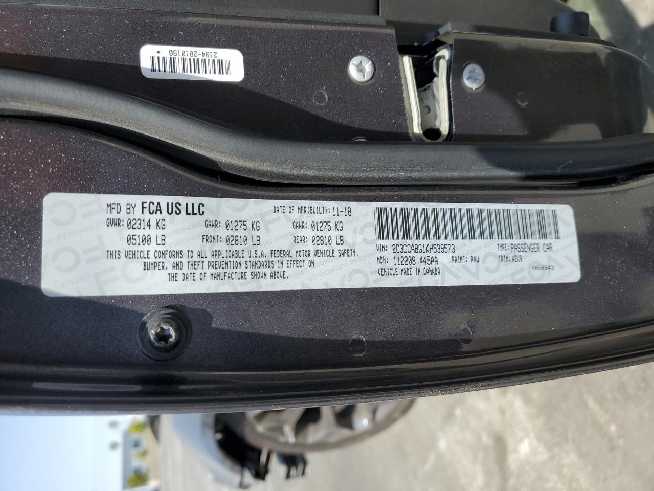 2019 Chrysler 300 S VIN: 2C3CCABG1KH539573 Lot: 54279514