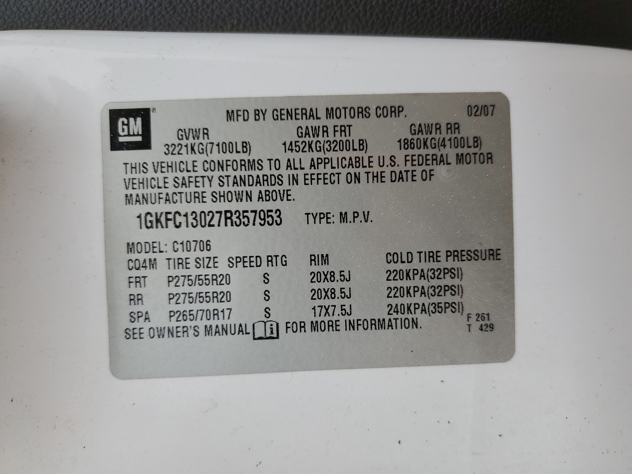 1GKFC13027R357953 2007 GMC Yukon