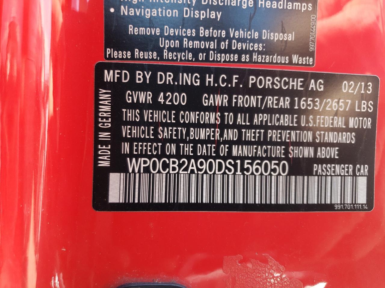 2013 Porsche 911 Carrera S VIN: WP0CB2A90DS156050 Lot: 56306184