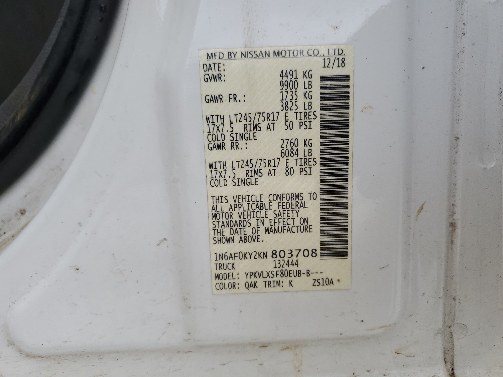 1N6AF0KY2KN803708 2019 Nissan Nv 2500 S