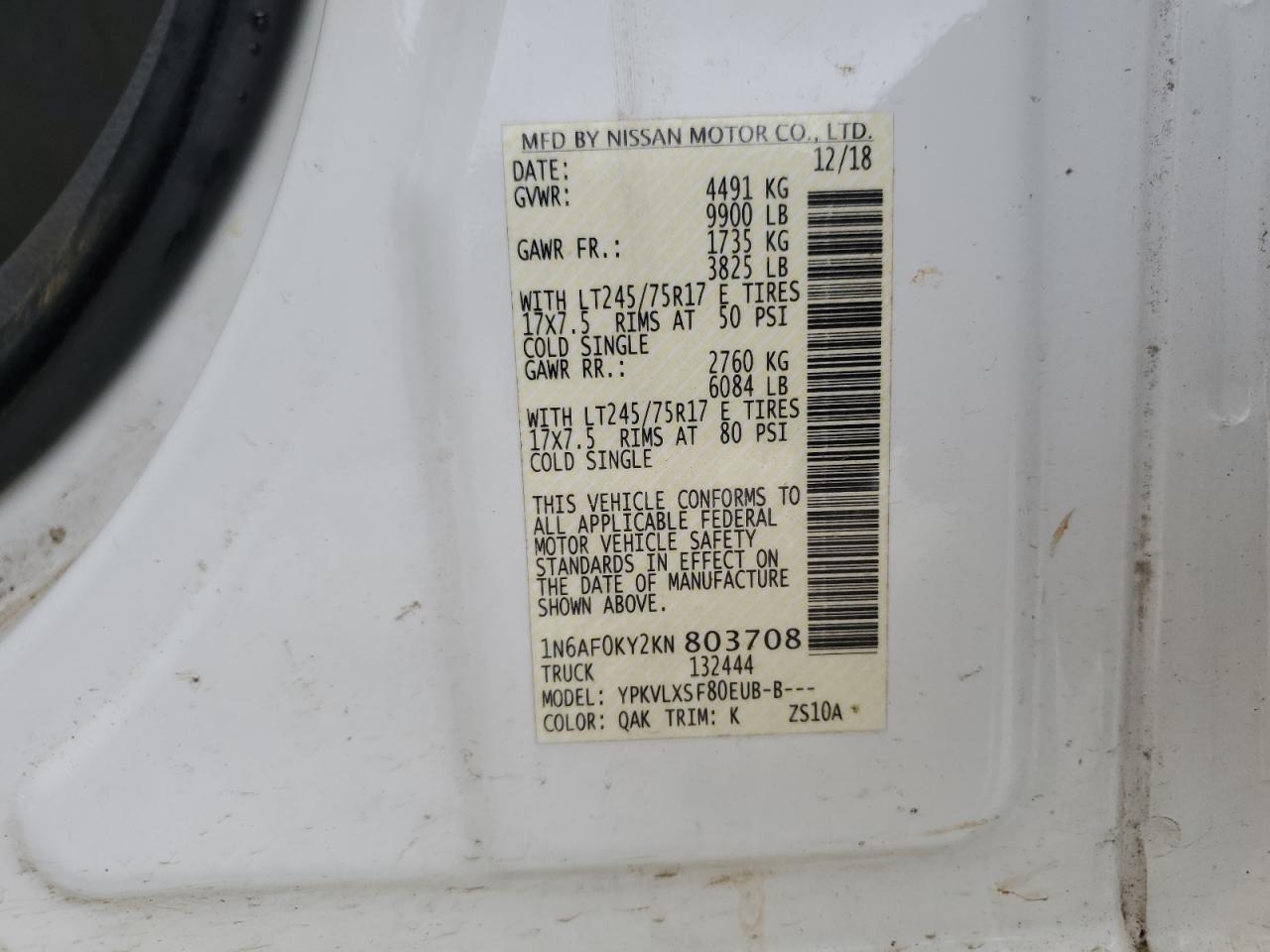 2019 Nissan Nv 2500 S VIN: 1N6AF0KY2KN803708 Lot: 54759584