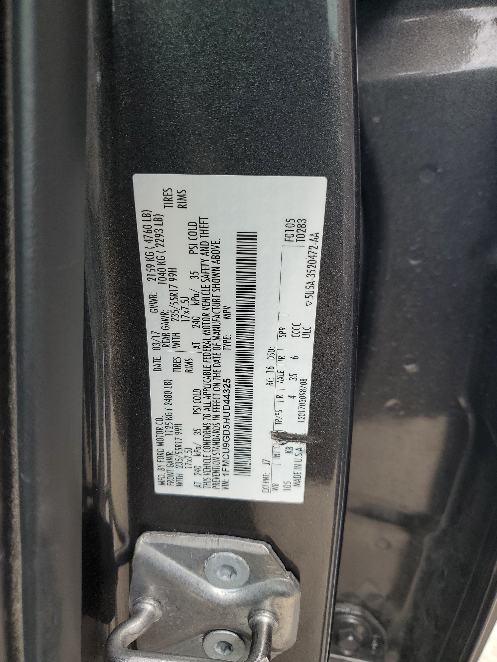 1FMCU9GD5HUD44325 2017 Ford Escape Se