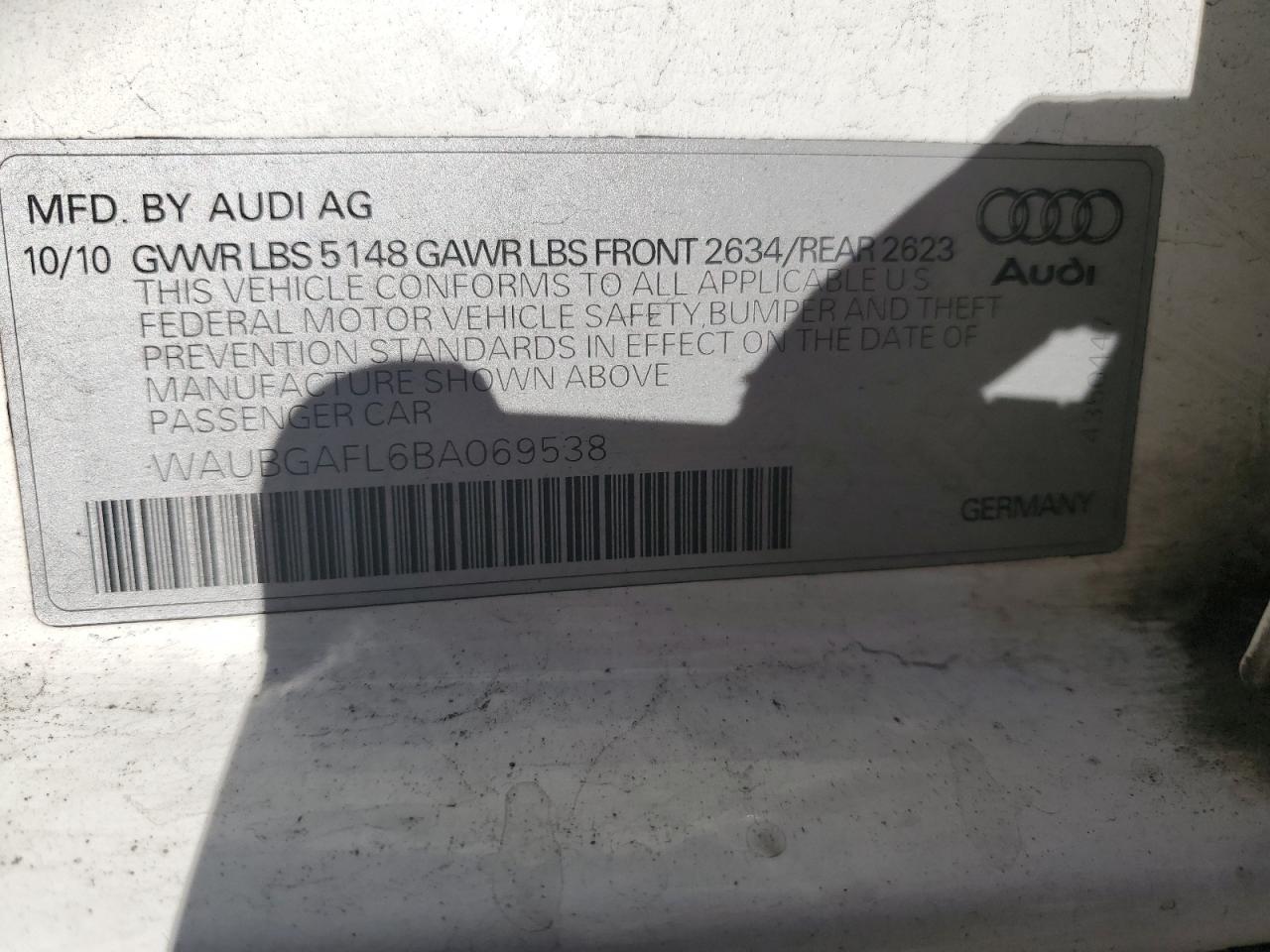 WAUBGAFL6BA069538 2011 Audi S4 Premium Plus