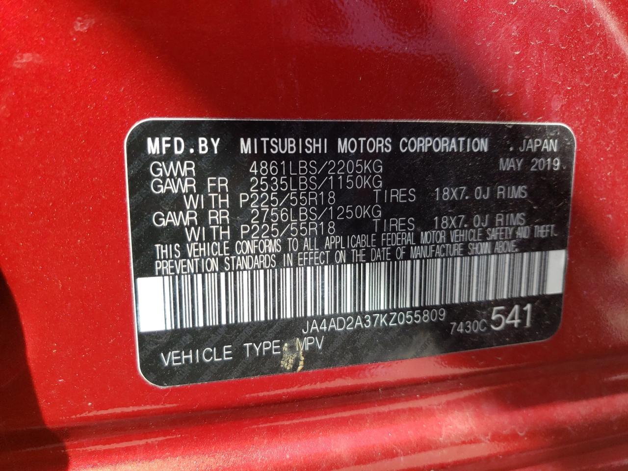 2019 Mitsubishi Outlander Es VIN: JA4AD2A37KZ055809 Lot: 56315684