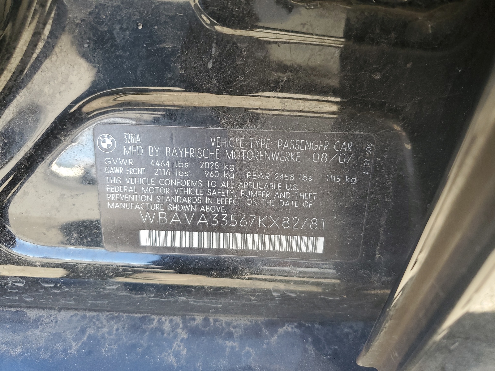 WBAVA33567KX82781 2007 BMW 328 I