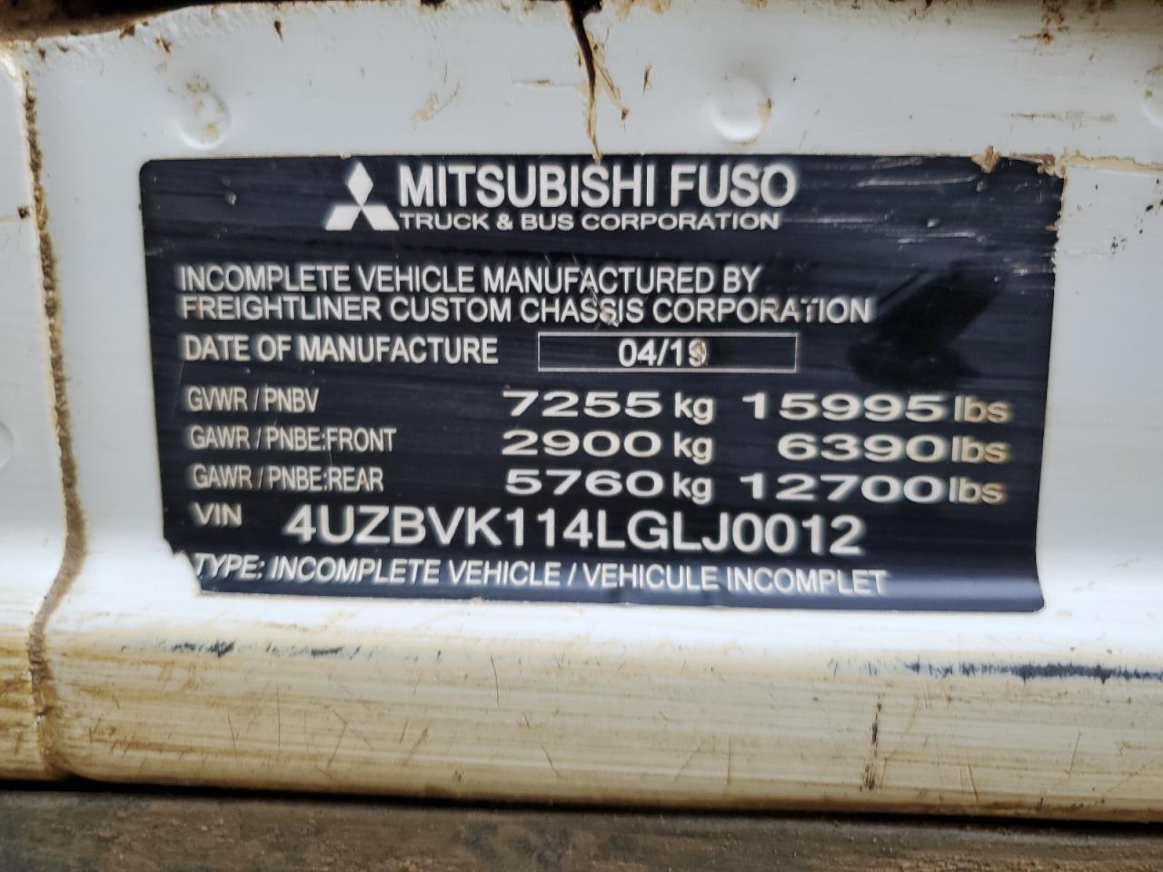 4UZBVK114LGLJ0012 2020 Mitsubishi Fuso Truck Of America Inc Fe Fec72S