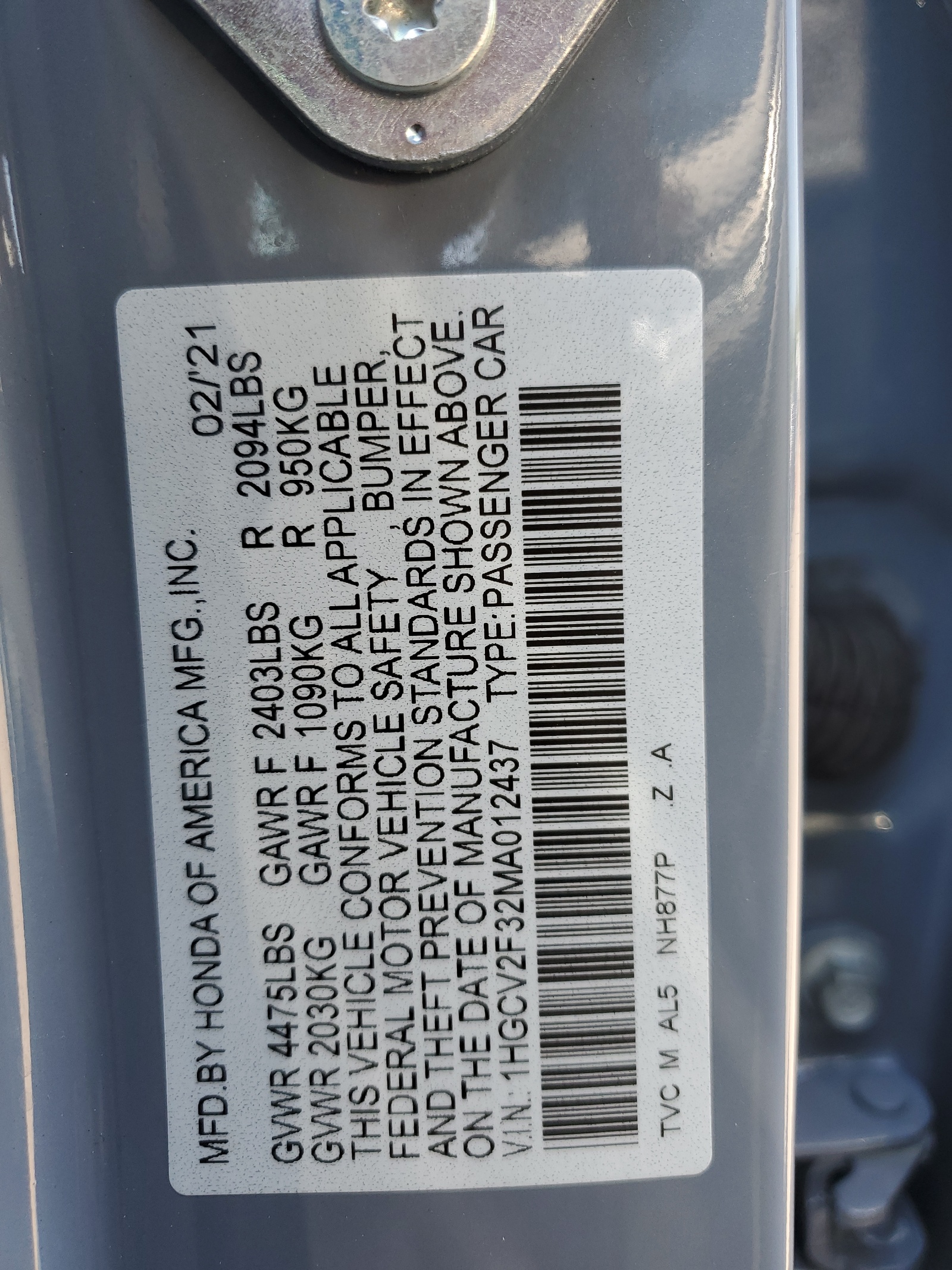 1HGCV2F32MA012437 2021 Honda Accord Sport