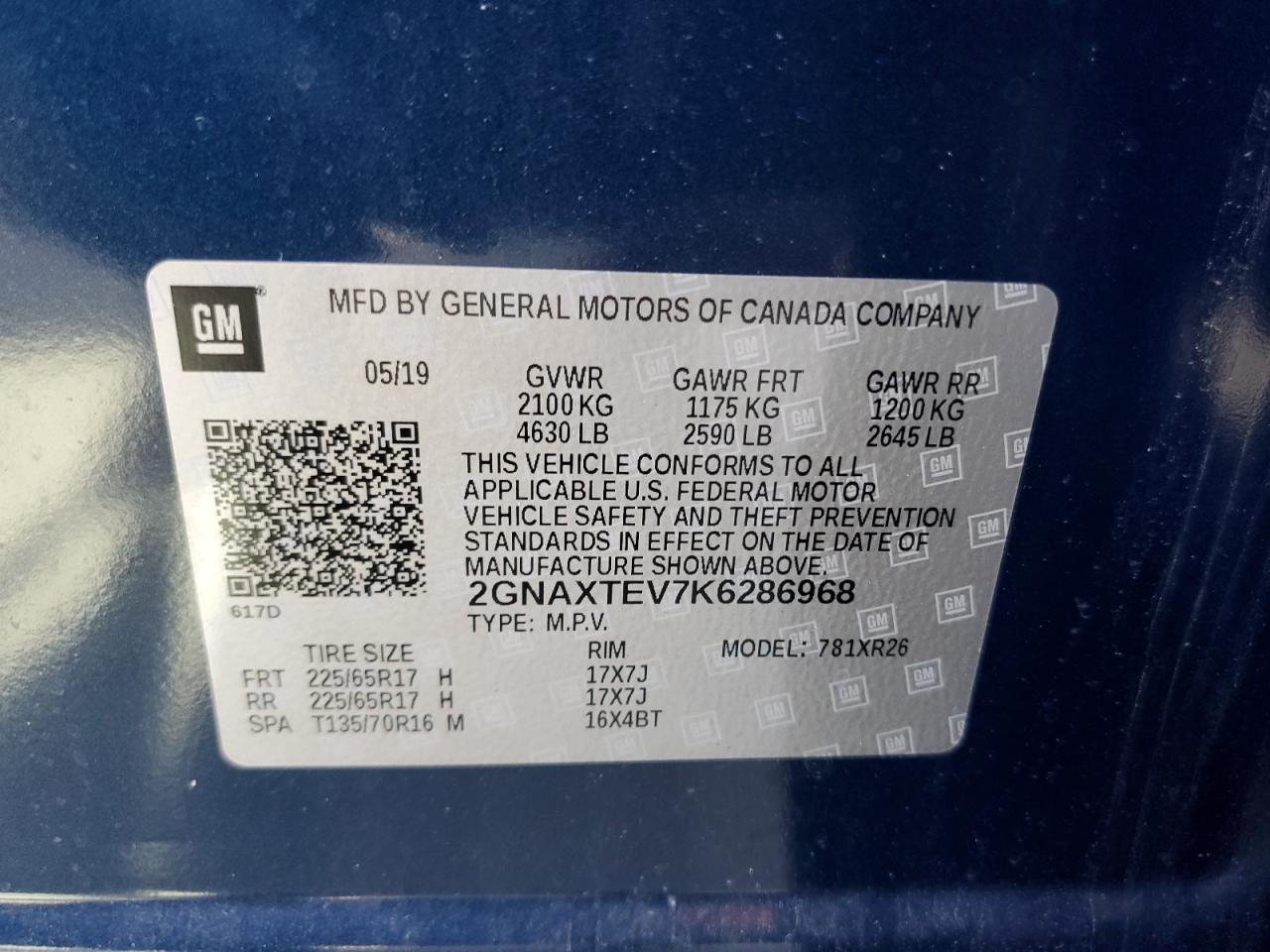 2019 Chevrolet Equinox Lt VIN: 2GNAXTEV7K6286968 Lot: 53988574