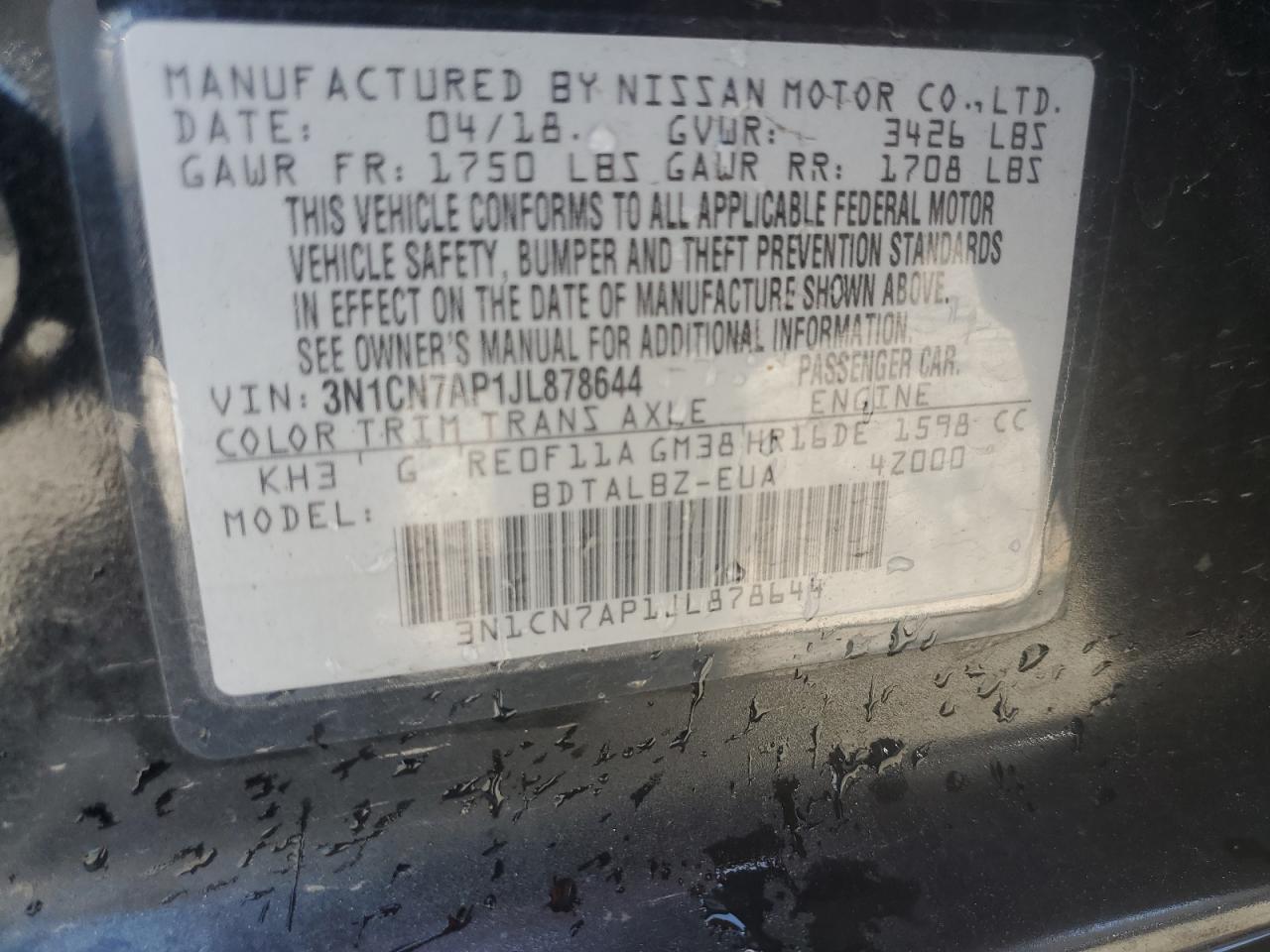 3N1CN7AP1JL878644 2018 Nissan Versa S