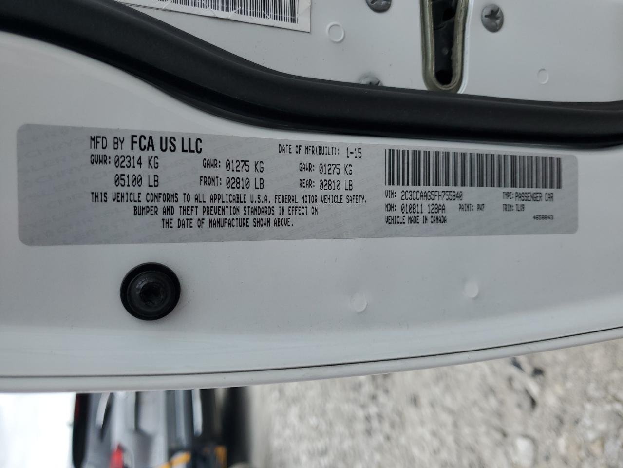 2015 Chrysler 300 Limited VIN: 2C3CCAAG5FH755840 Lot: 53696574