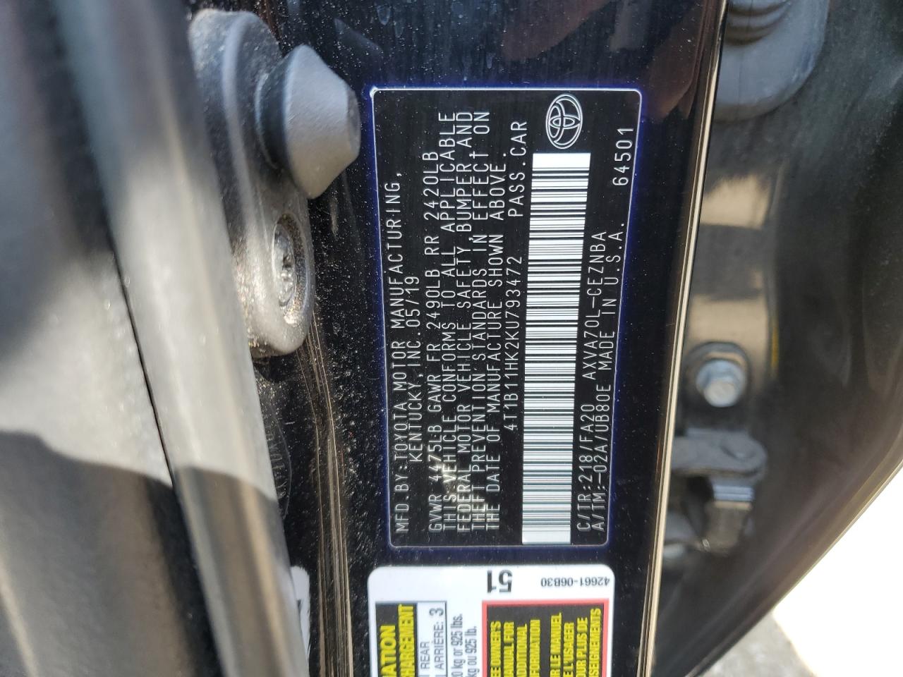 2019 Toyota Camry L VIN: 4T1B11HK2KU793472 Lot: 55635974