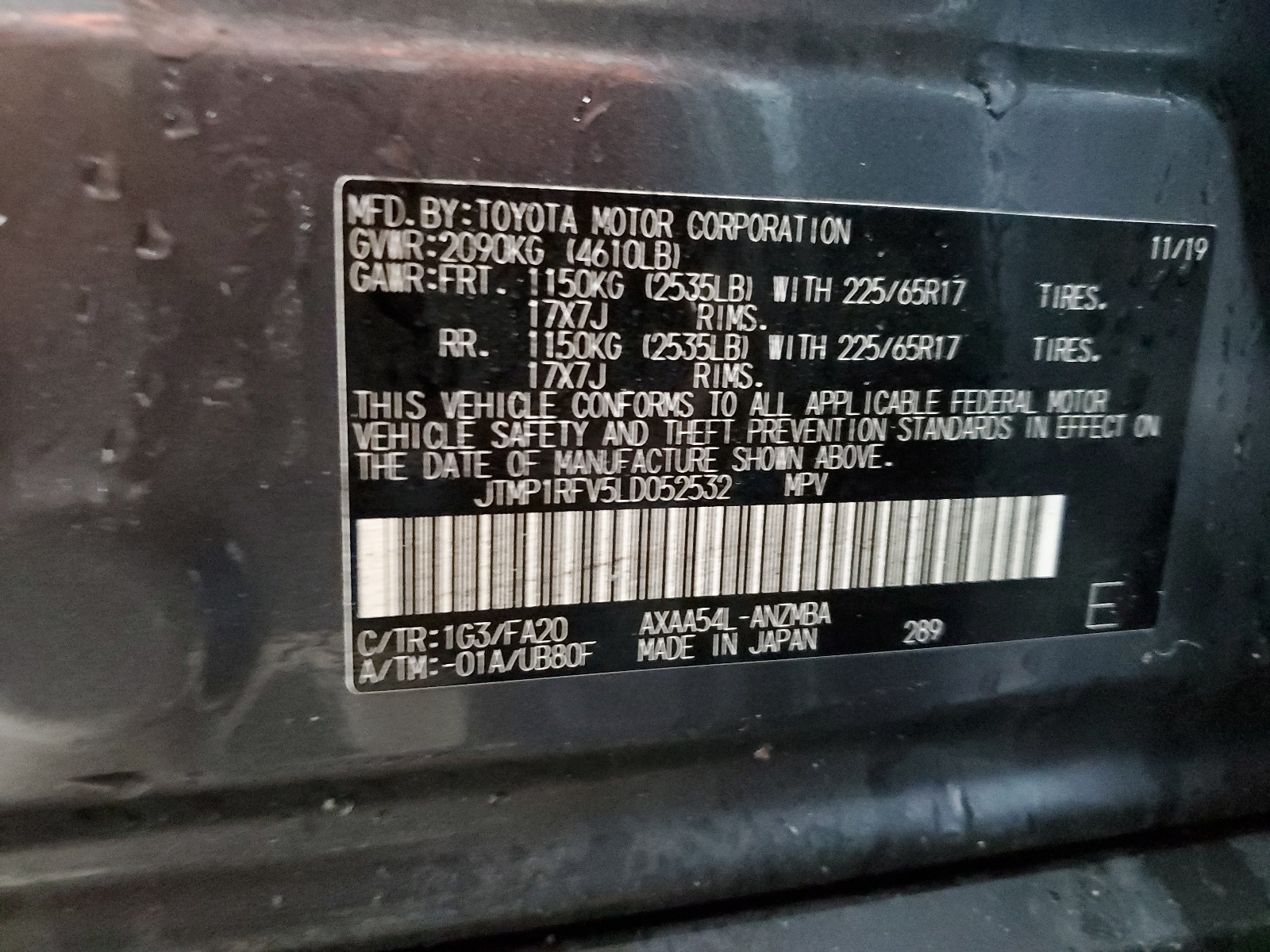 JTMP1RFV5LD052532 2020 Toyota Rav4 Xle