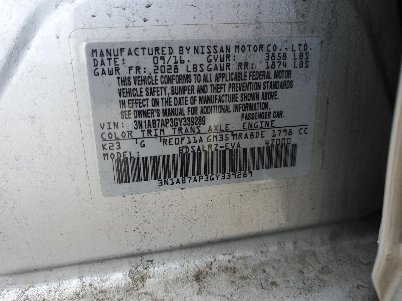 3N1AB7AP3GY339289 2016 Nissan Sentra S