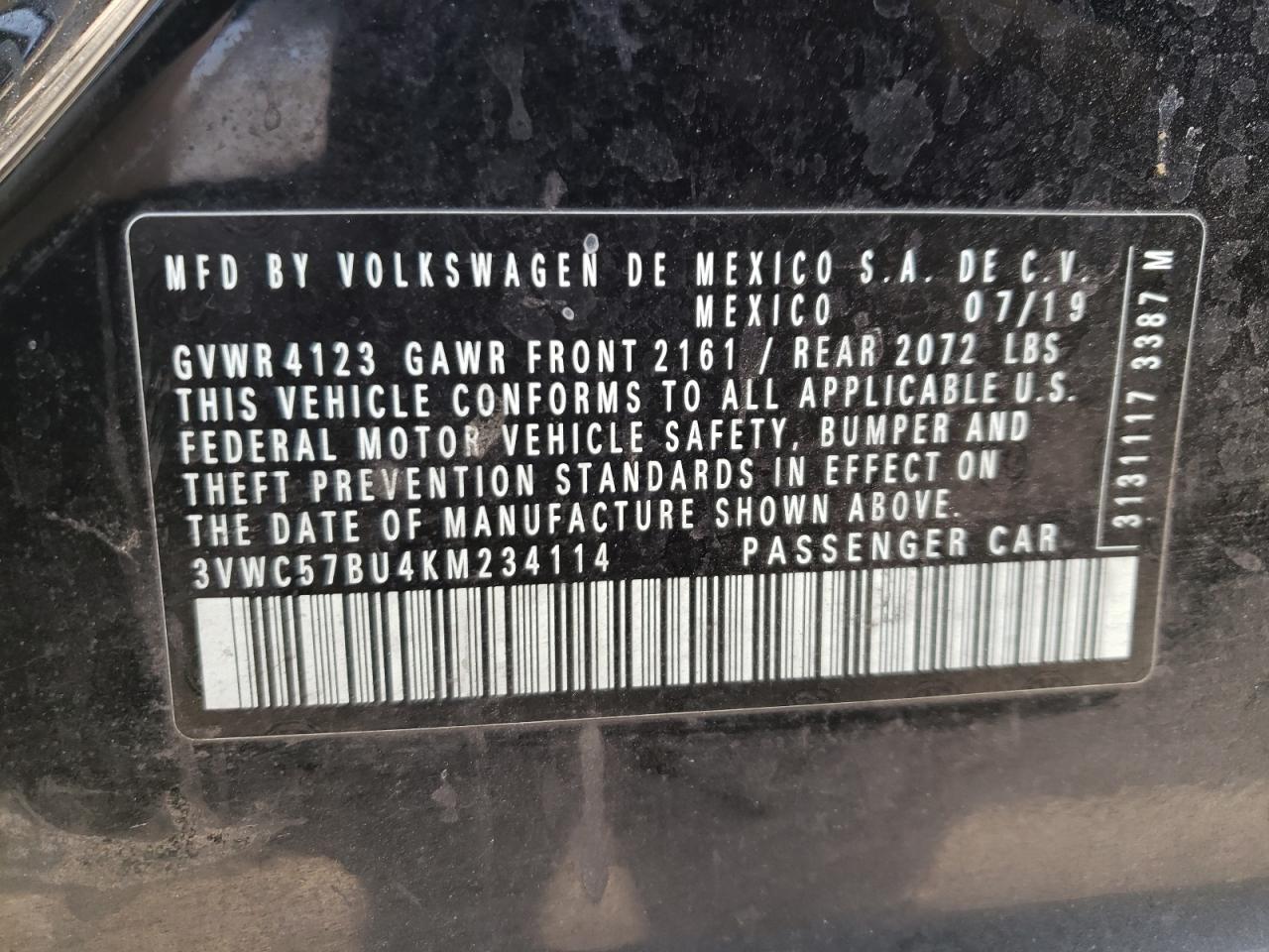 3VWC57BU4KM234114 2019 Volkswagen Jetta S