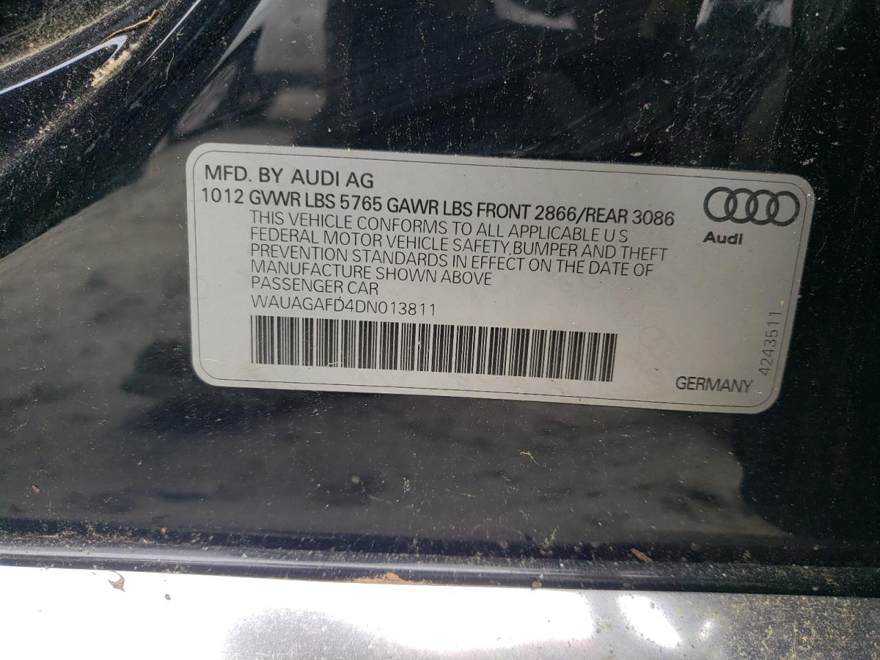 2013 Audi A8 Quattro VIN: WAUAGAFD4DN013811 Lot: 55328824