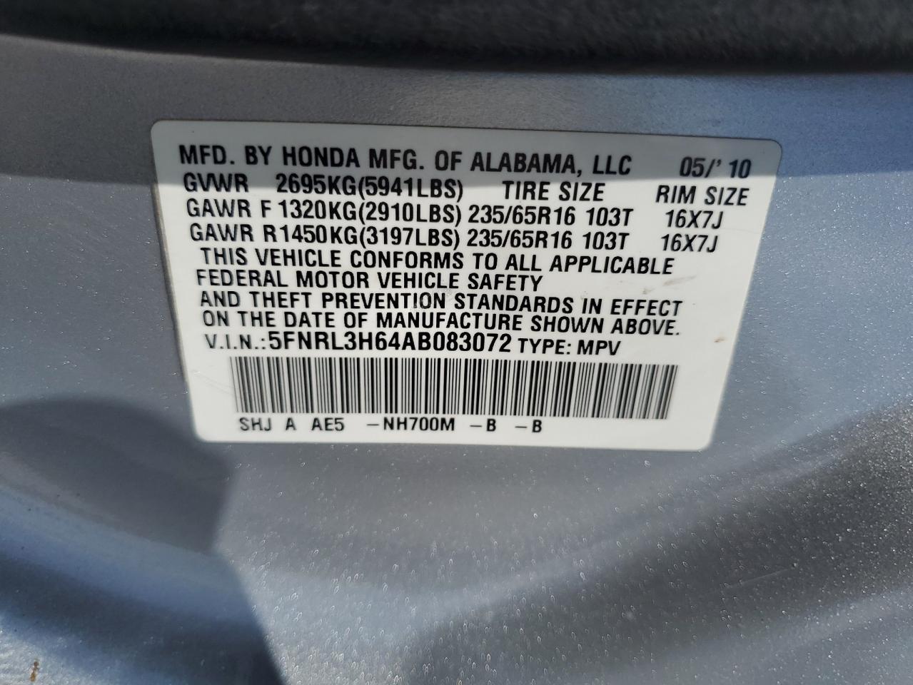 2010 Honda Odyssey Exl VIN: 5FNRL3H64AB083072 Lot: 56995114