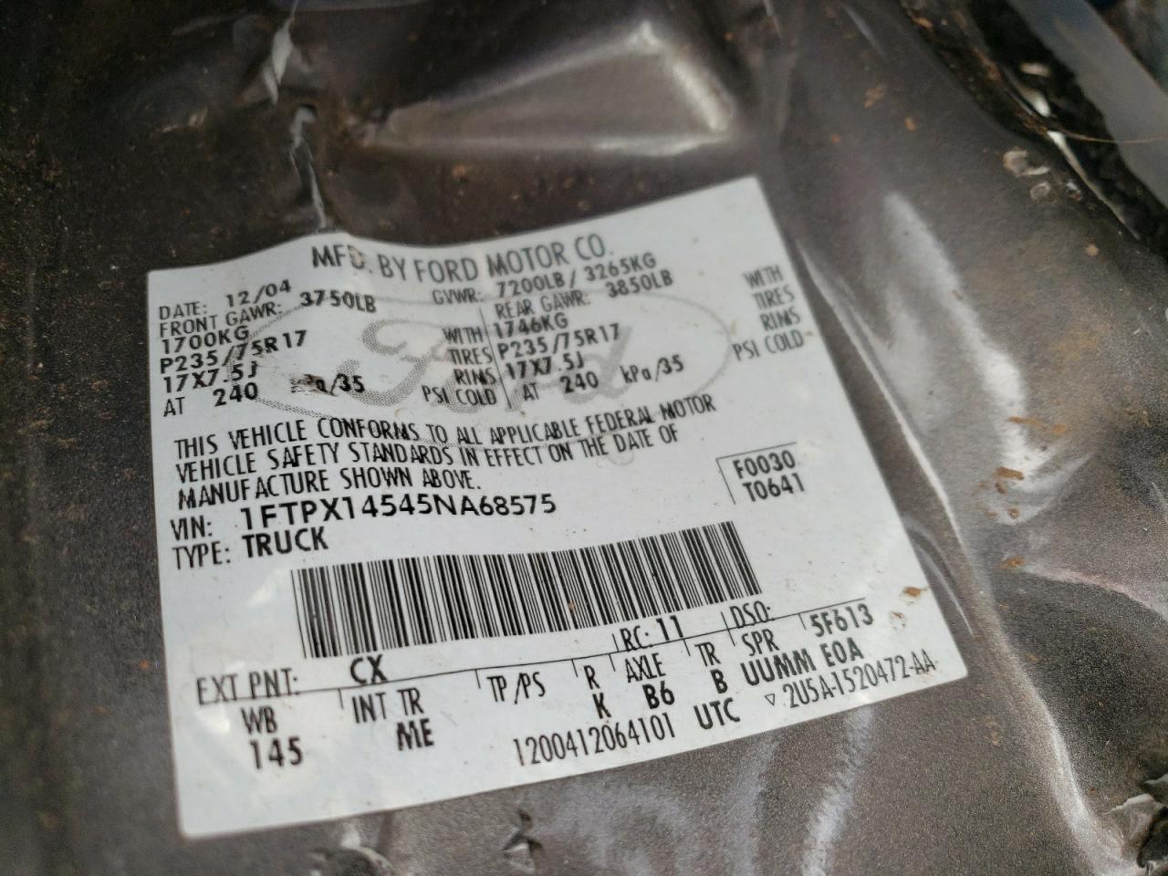 2005 Ford F150 VIN: 1FTPX14545NA68575 Lot: 55966434