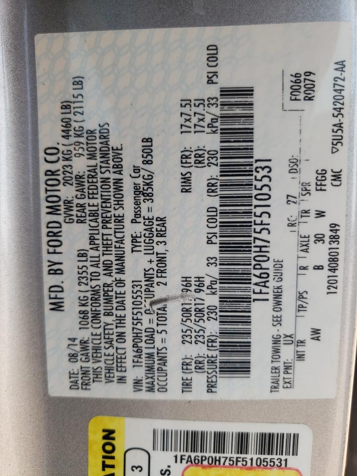 2015 Ford Fusion Se VIN: 1FA6P0H75F5105531 Lot: 56085314