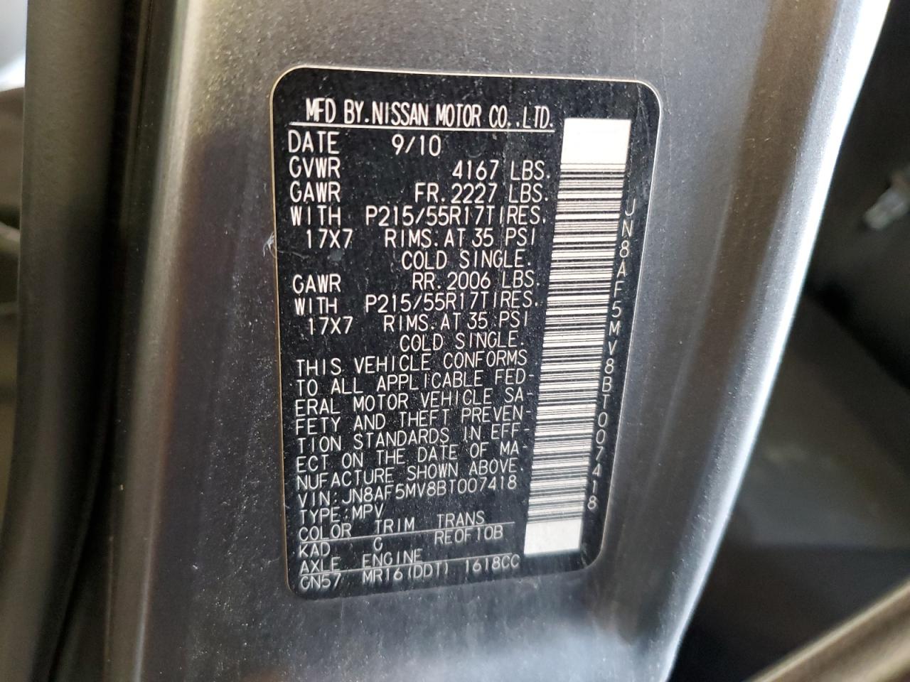 2011 Nissan Juke S VIN: JN8AF5MV8BT007418 Lot: 57296124