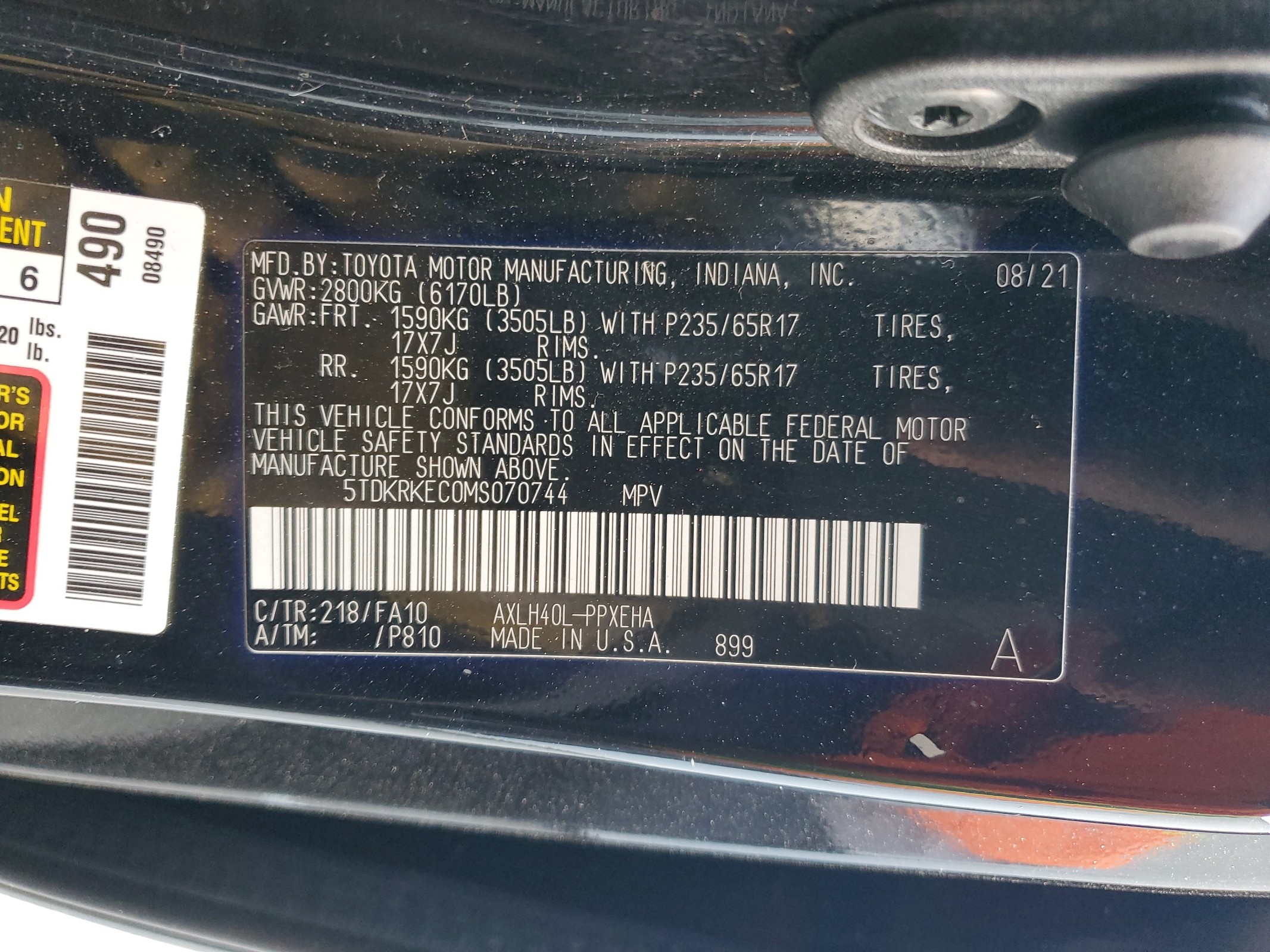 5TDKRKEC0MS070744 2021 Toyota Sienna Le