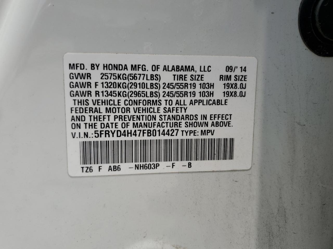 2015 Acura Mdx Technology VIN: 5FRYD4H47FB014427 Lot: 56325724