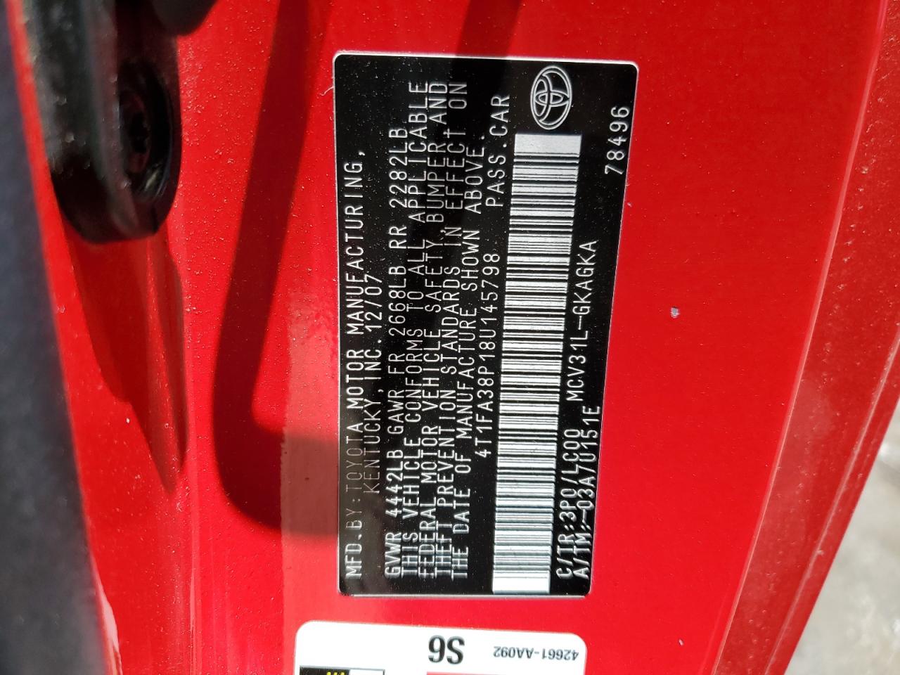 2008 Toyota Camry Solara Se VIN: 4T1FA38P18U145798 Lot: 57378374
