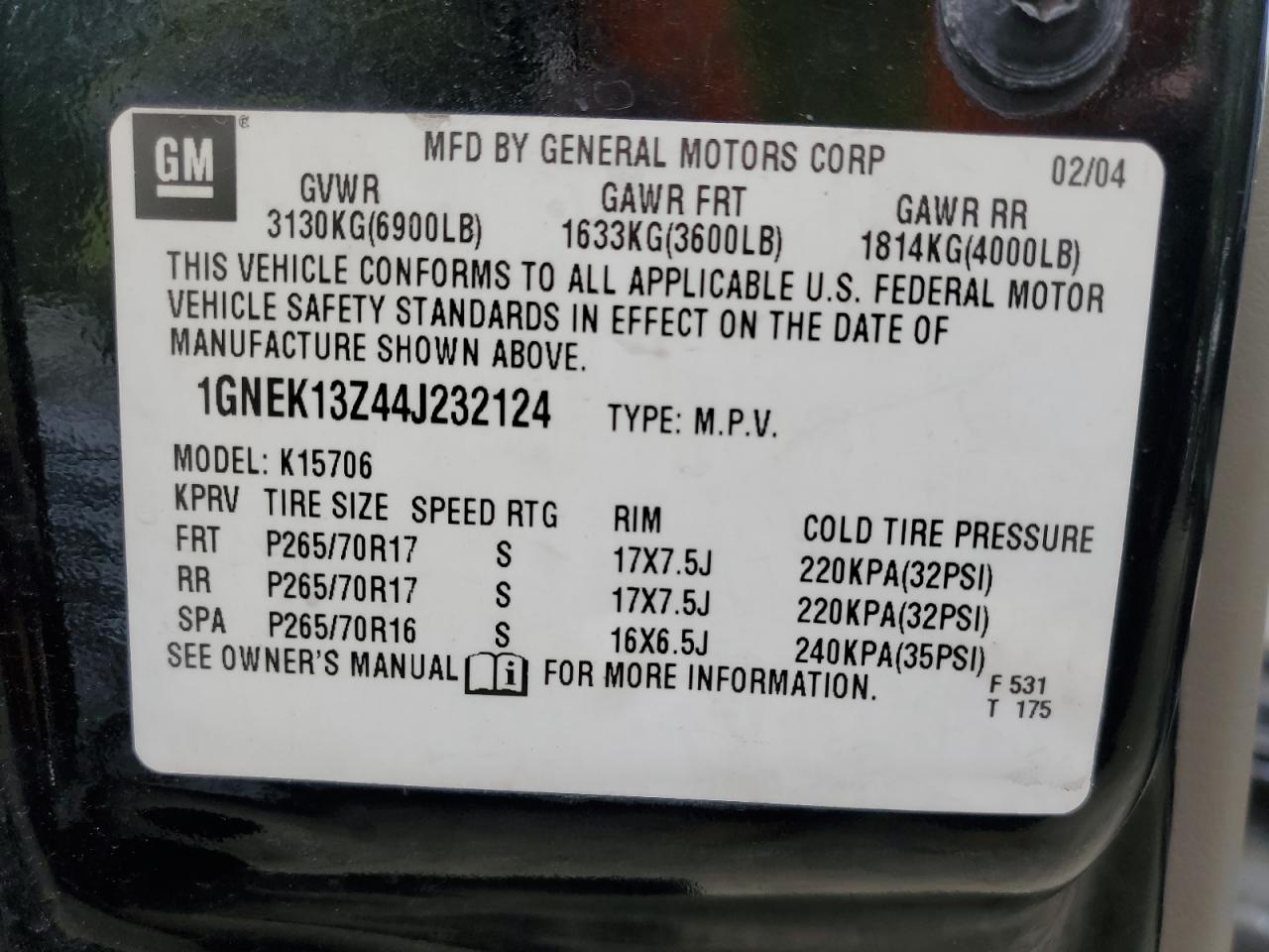 1GNEK13Z44J232124 2004 Chevrolet Tahoe K1500