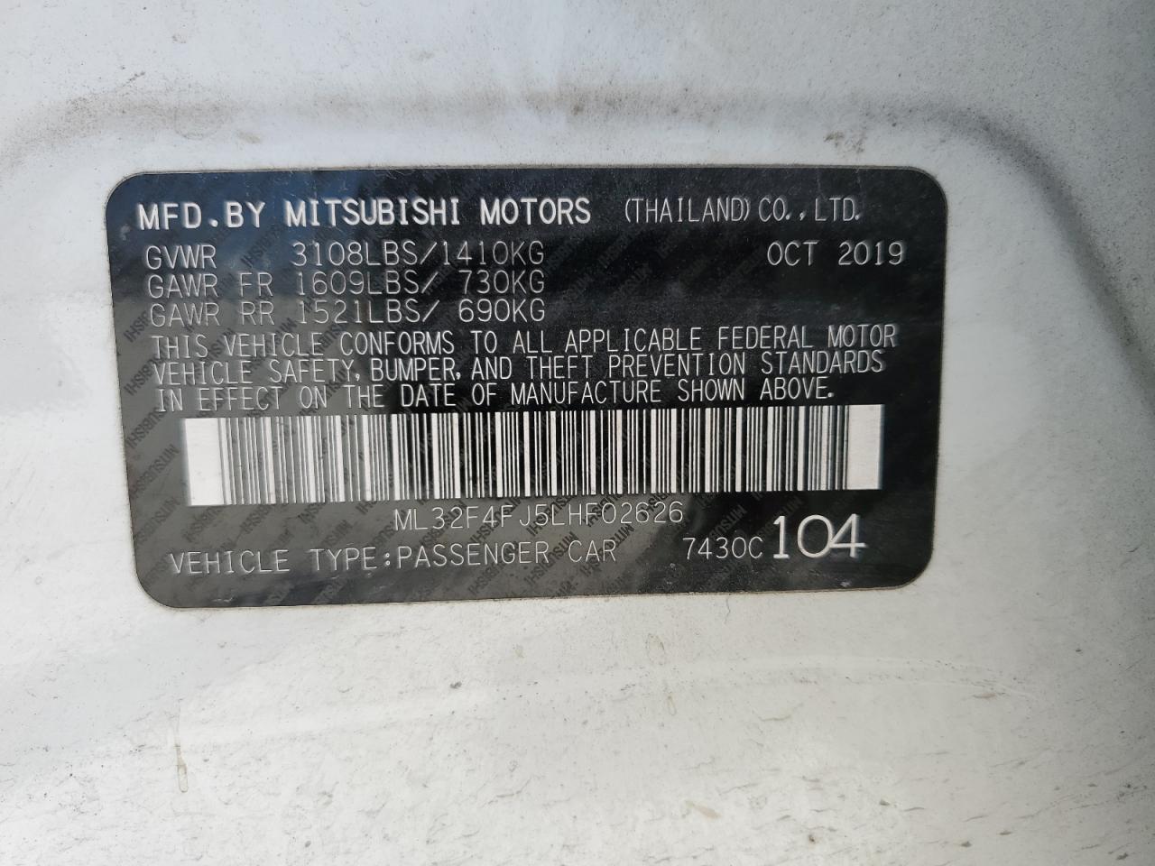 2020 Mitsubishi Mirage G4 Se VIN: ML32F4FJ5LHF02626 Lot: 55137364