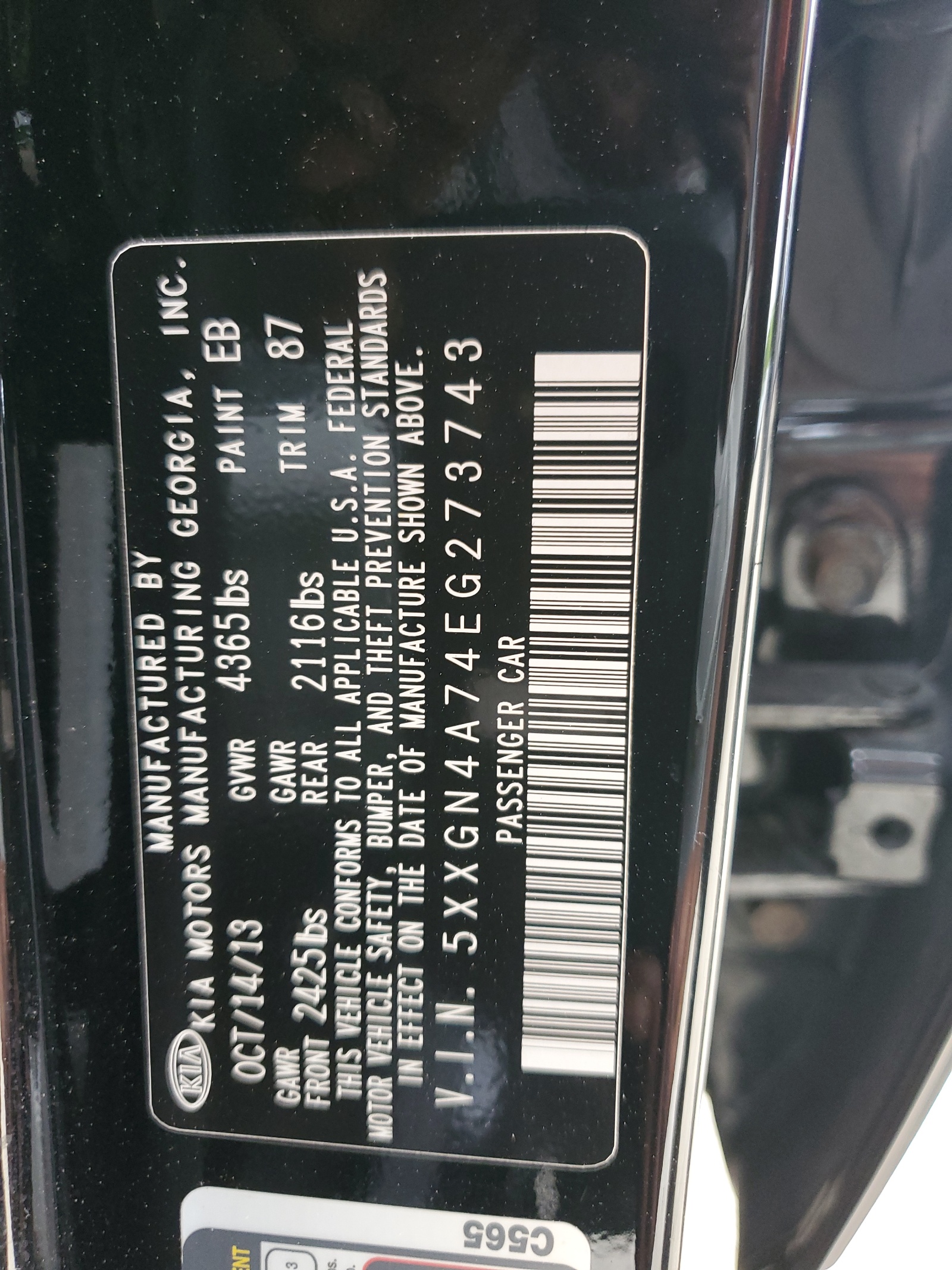 5XXGN4A74EG273743 2014 Kia Optima Ex