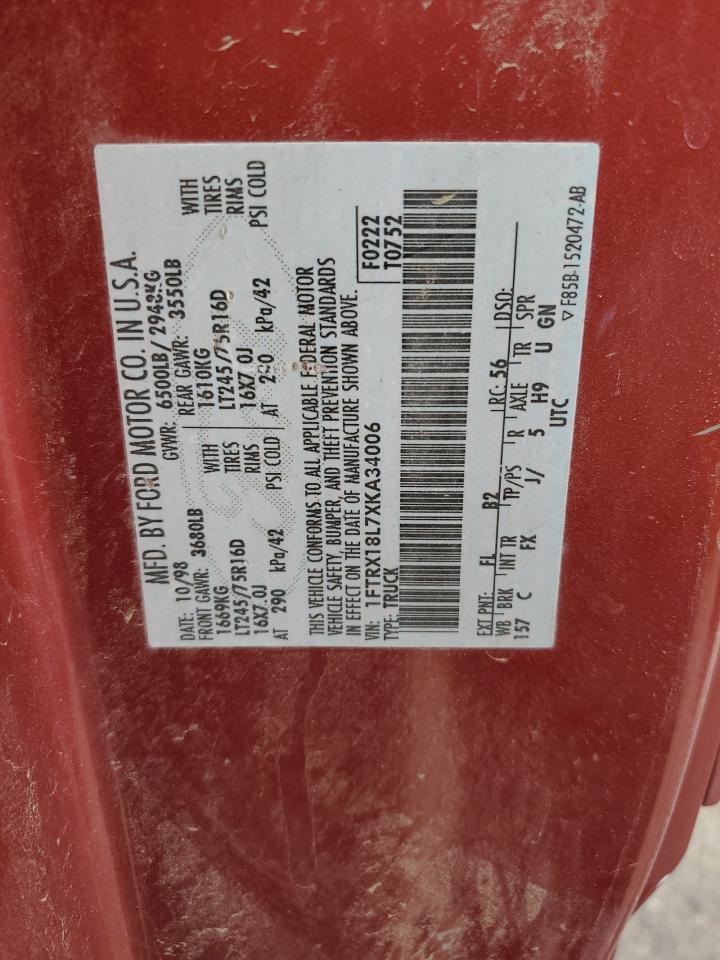 1999 Ford F150 VIN: 1FTRX18L7XKA34006 Lot: 54990864