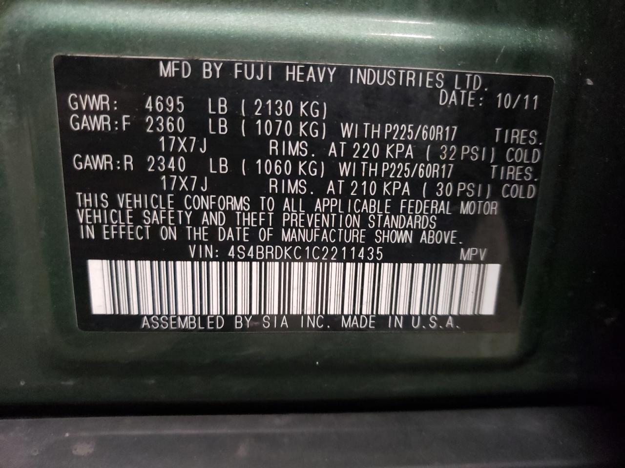 2012 Subaru Outback 3.6R Limited VIN: 4S4BRDKC1C2211435 Lot: 55975394