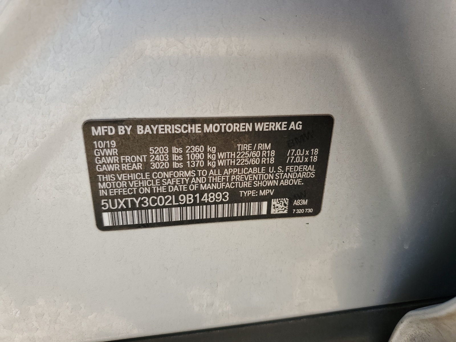 5UXTY3C02L9B14893 2020 BMW X3 Sdrive30I