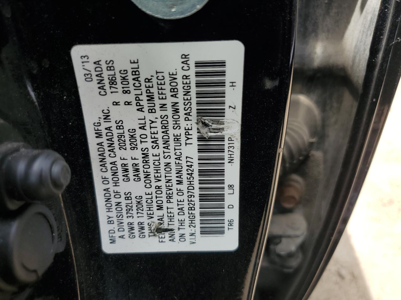 2HGFB2F97DH542477 2013 Honda Civic Exl