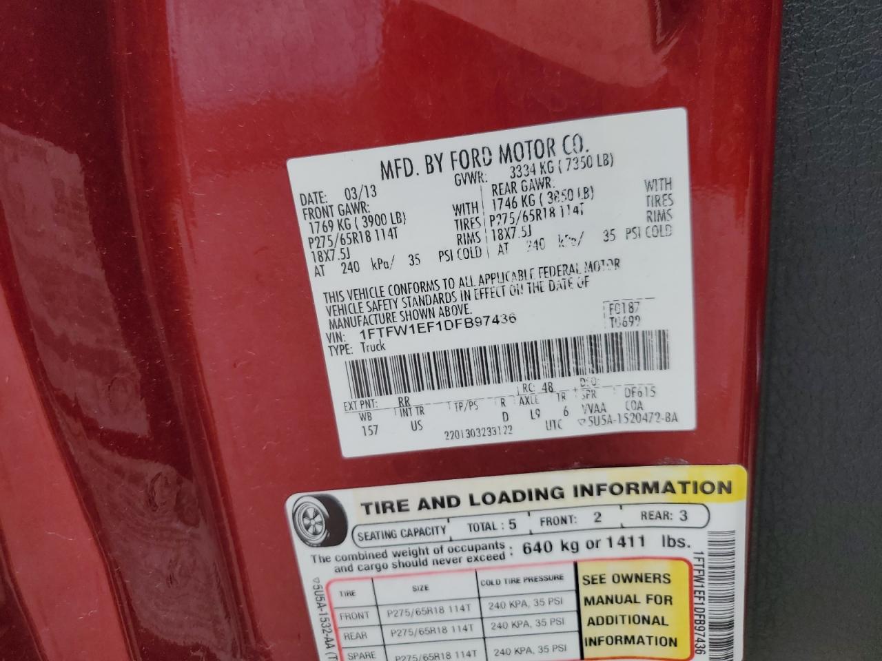 2013 Ford F150 Supercrew VIN: 1FTFW1EF1DFB97436 Lot: 50326704