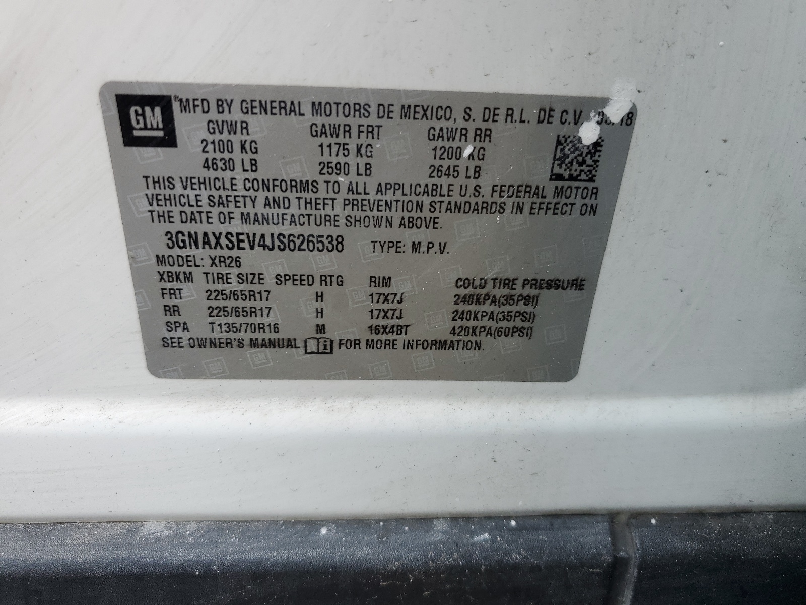 3GNAXSEV4JS626538 2018 Chevrolet Equinox Lt