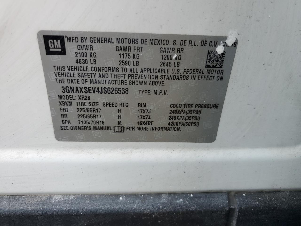 2018 Chevrolet Equinox Lt VIN: 3GNAXSEV4JS626538 Lot: 56189944