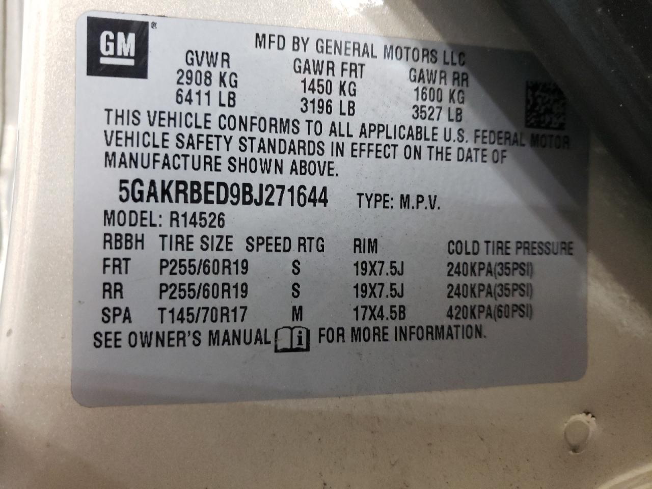 2011 Buick Enclave Cxl VIN: 5GAKRBED9BJ271644 Lot: 59953804