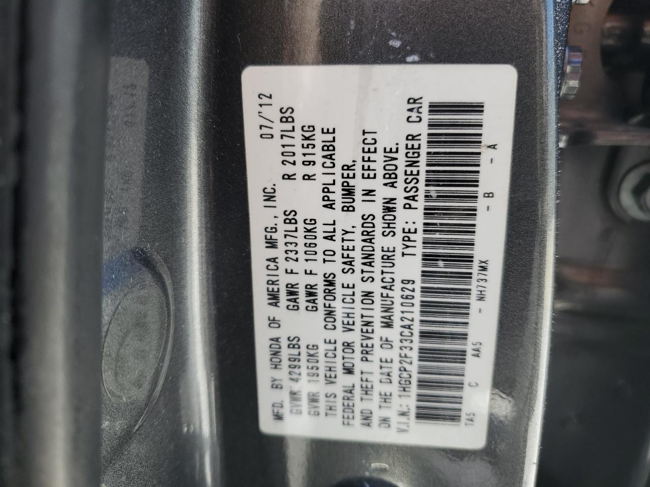 1HGCP2F33CA210629 2012 Honda Accord Lx