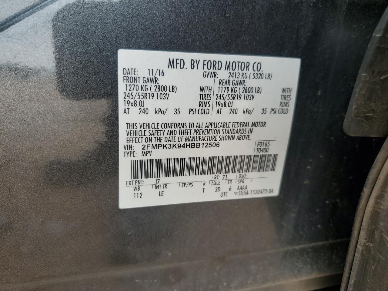 2017 Ford Edge Titanium VIN: 2FMPK3K94HBB12506 Lot: 53821924