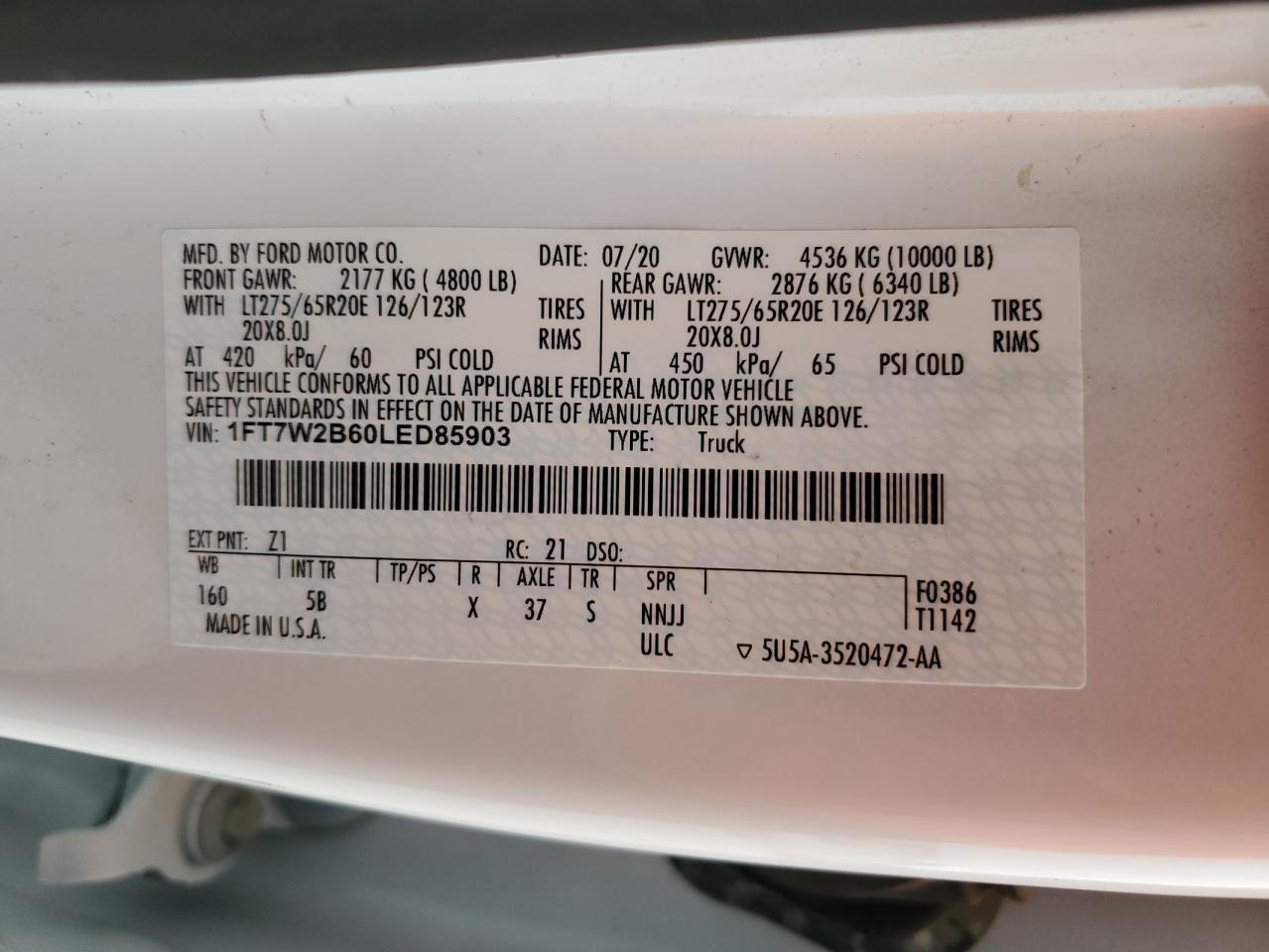 2020 Ford F250 Super Duty VIN: 1FT7W2B60LED85903 Lot: 53516984